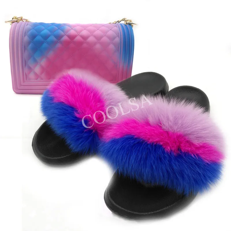 

Women Summer Fox Fur Slides Lovely Plush Indoor Fur Slippers Women Matte Jelly Bags Shopping Purse Drop Shipping Slippers Shoes