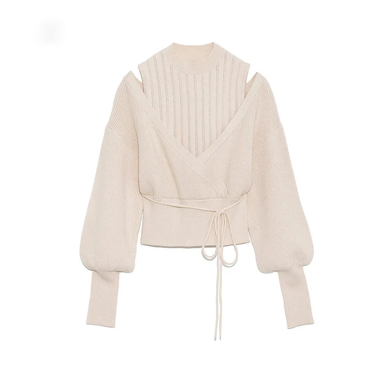

Autumn Winter New Pullovers Sweet Loose Shoulder Strapless Women Jackrt Half-High Collar Drawstring Knitted Sweaters