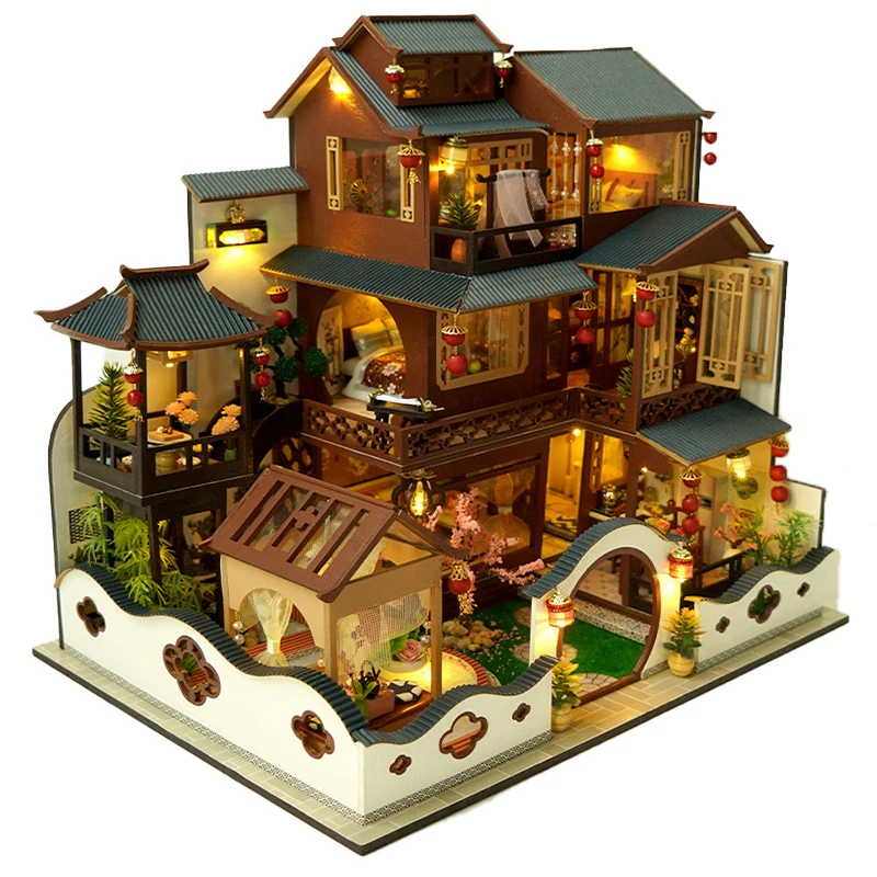 New DIY Wooden Big Casa Dollhouse Kits Miniatures with Furniture 3D Chinese Villa Doll House Assembled Toys for Adults Gifts