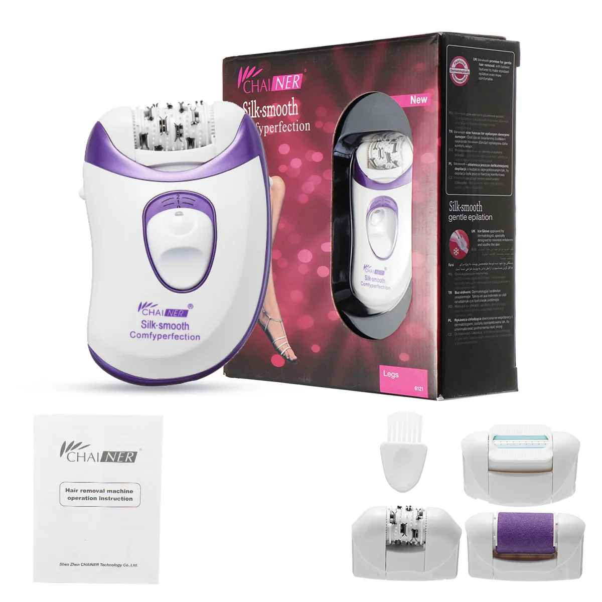 

Electric Epilator Rechargeable 4 in 1 Callus Remover Device Hair Removal Shaver Pivoting Head Multifunctional Epilator w/ 4 Head