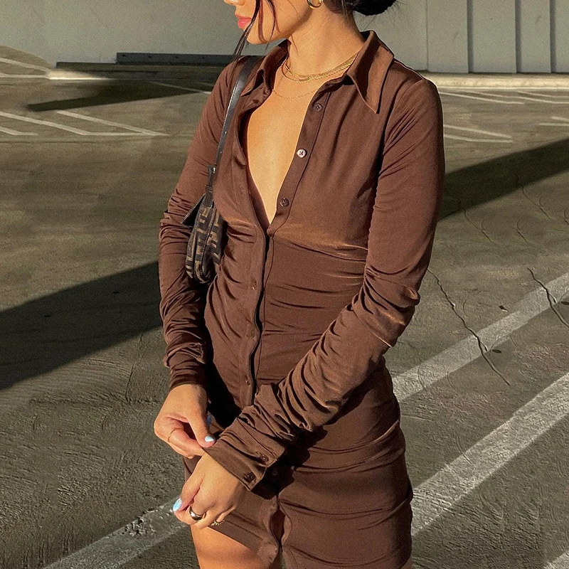 

Summer dresses for women 2021 party bodycon dress mini long sleeve dress ruched shirt dress vintage button up vestidos elegant
