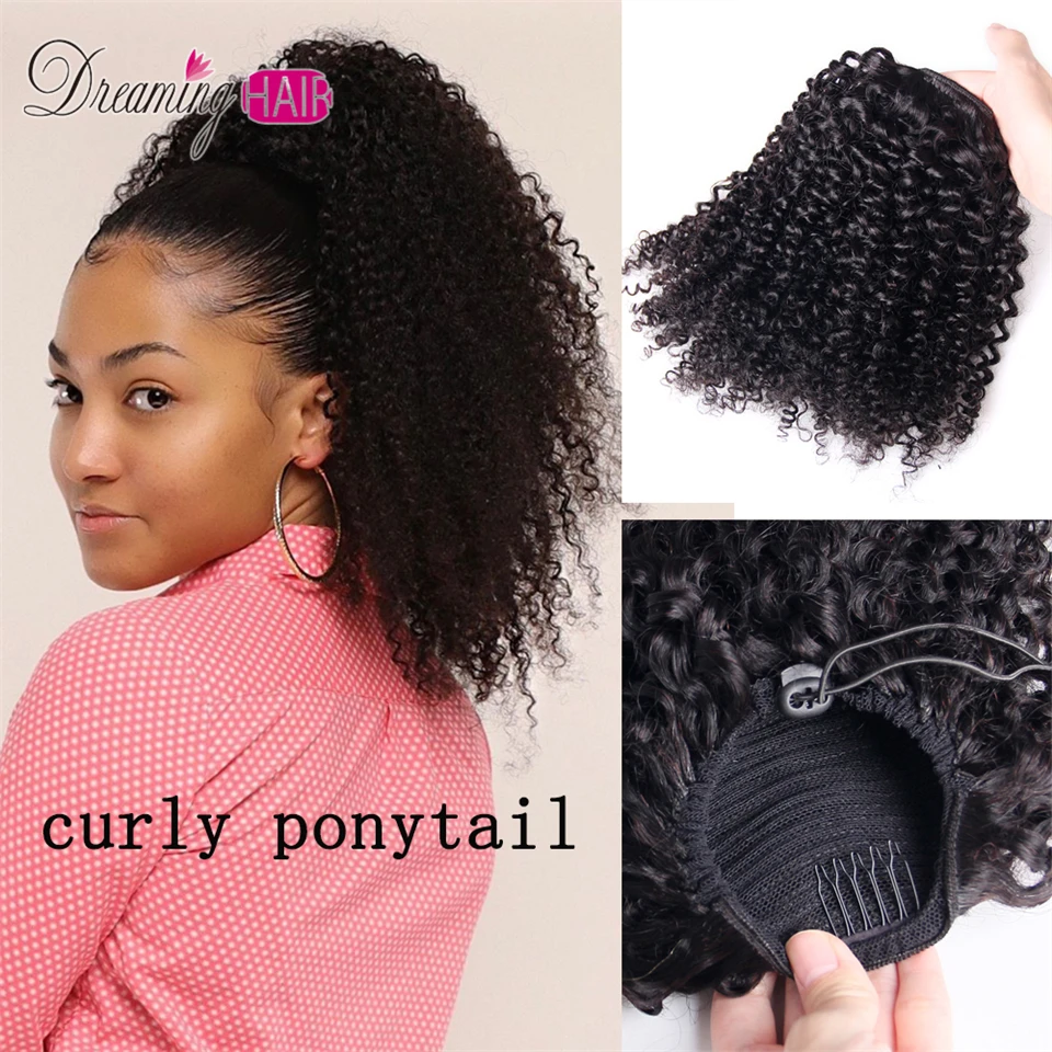 Extensión de cabello humano rizado para mujer, coleta con cordón, Clip de pelo Natural Afro, Coleta, cabello brasileño Remy negro