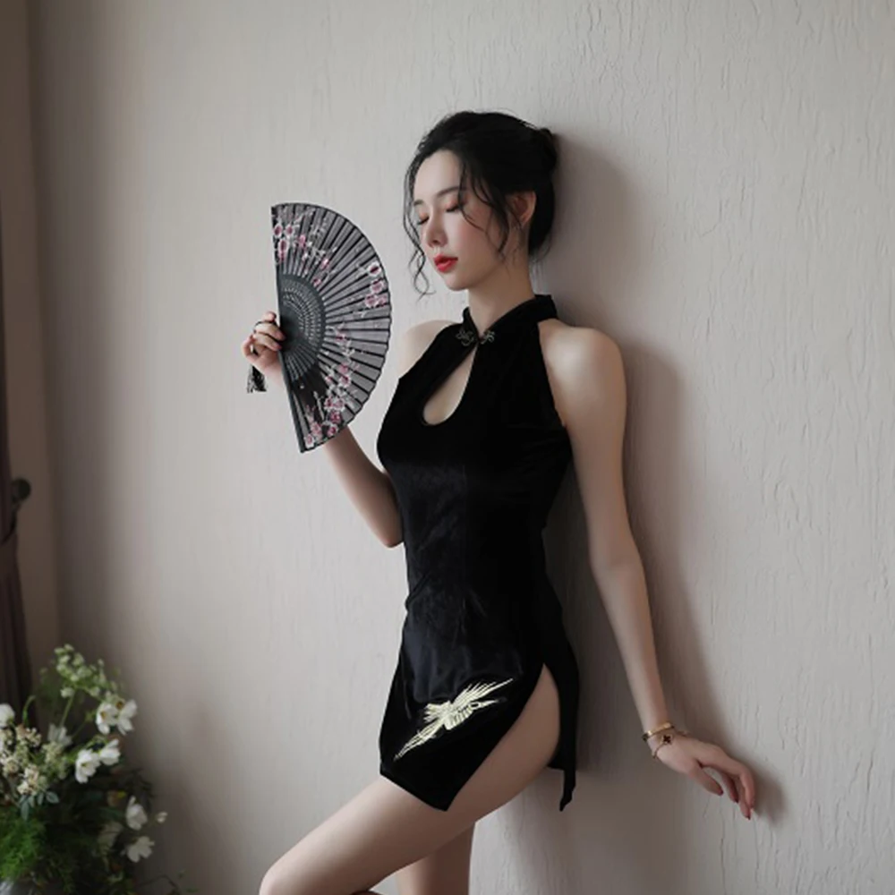 

Соблазнительное нижнее белье, соблазнительный Чонсам в китайском стиле, косплей-униформа, атласная ночная рубашка, нижнее белье, мини-плать...