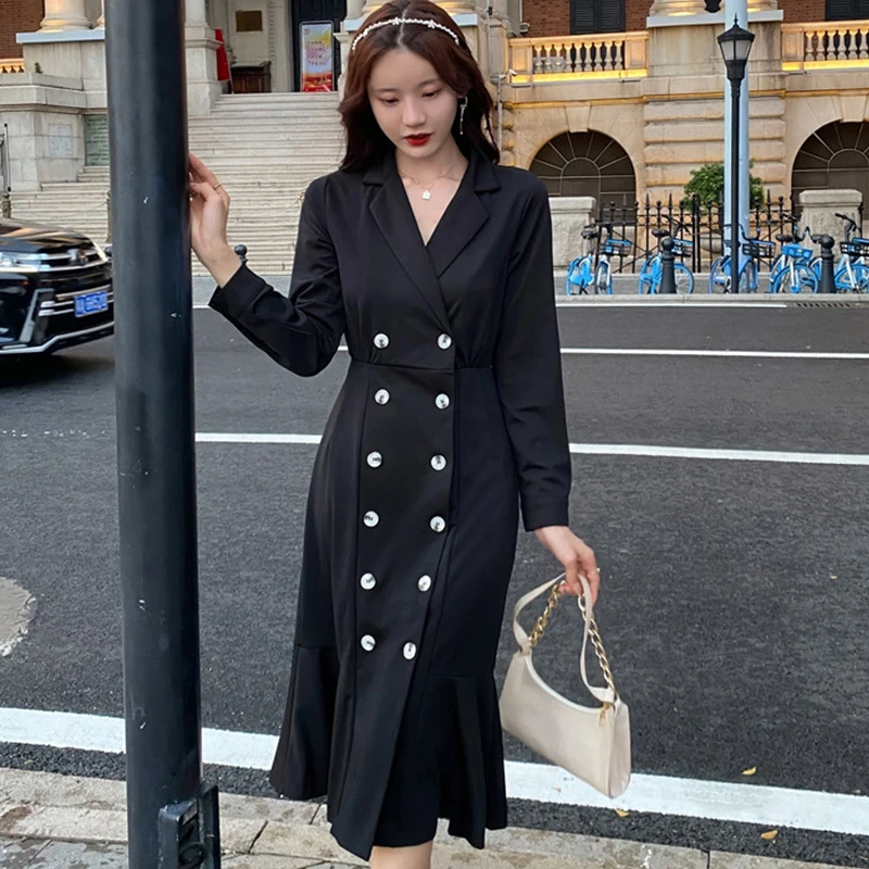 

Женское винтажное платье-русалка, повседневное двубортное платье средней длины с отложным воротником и длинными рукавами, офисное платье в...