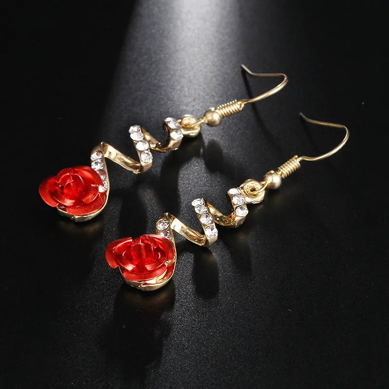

2020 Fashion part Jewelry Red Rose Drop Earrings Big Rhinestone Earrings Vintage For Women Rose Gold Spiral Dangle Earring