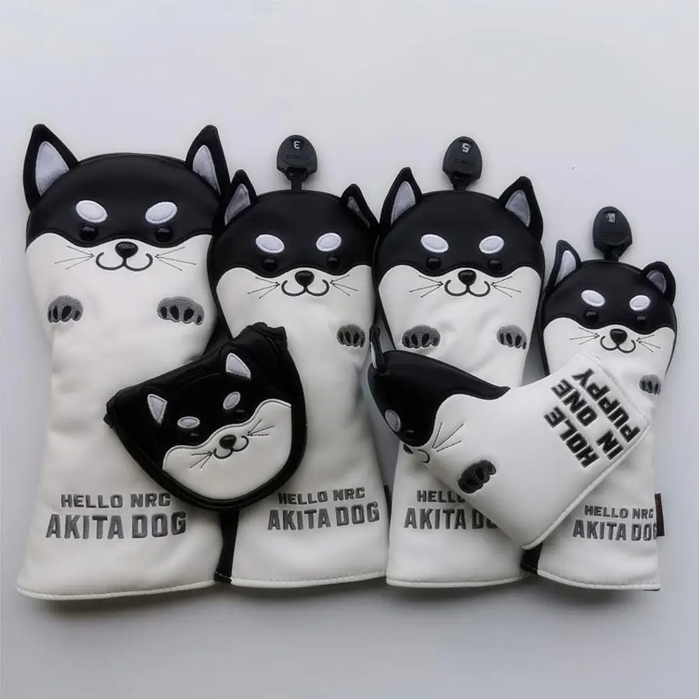 

Golf Headcover Cute Akita Tiger Golf Club Head Cover Protector for Driver Fairway Hybrid Putter PU Leather Protector Wood Covers