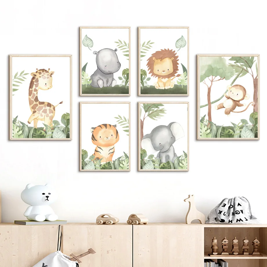 

Hippo Lion Elephant Giraffe Tiger Monkey Forest Nordic Posters And Prints Wall Art Canvas Painting Wall Pictures Kids Room Decor