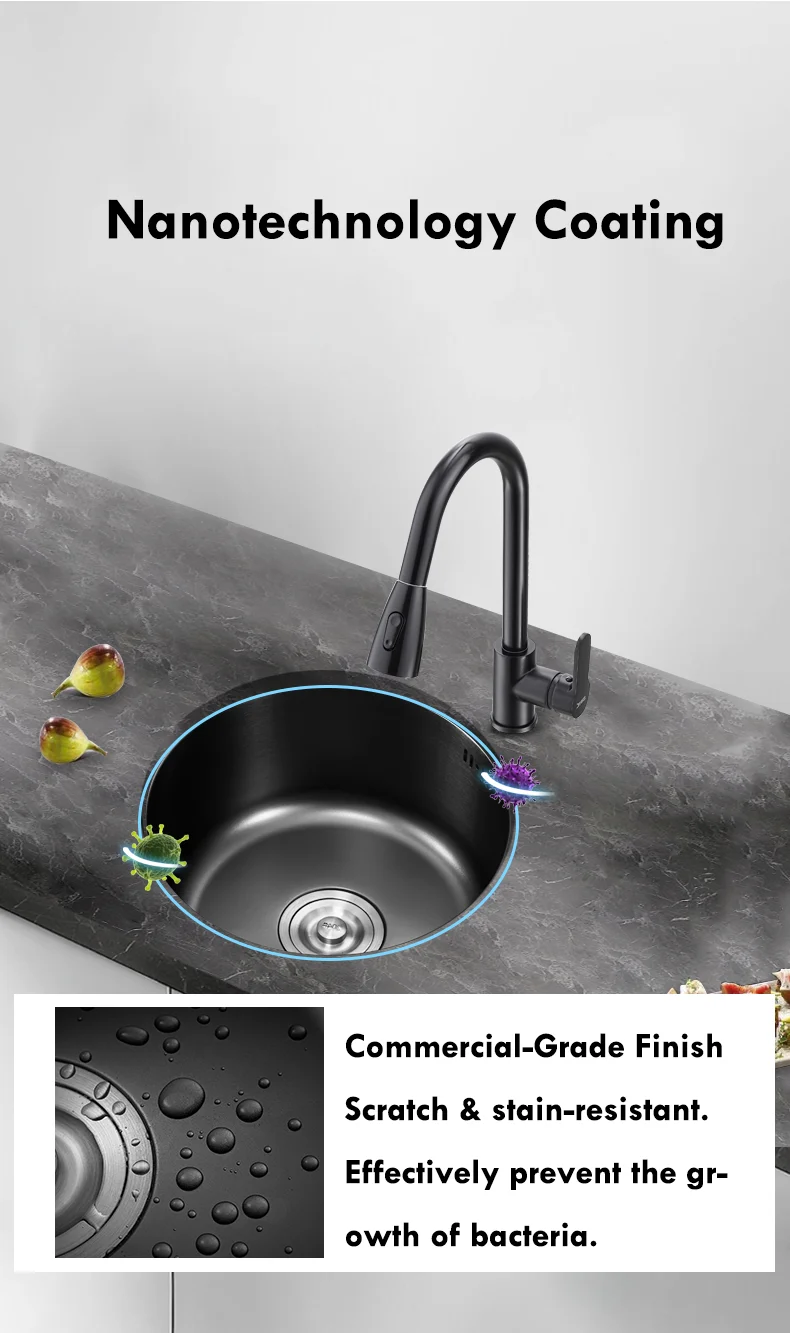 Круглая раковина кухонная из нержавеющей стали одинарная чаша черного цвета