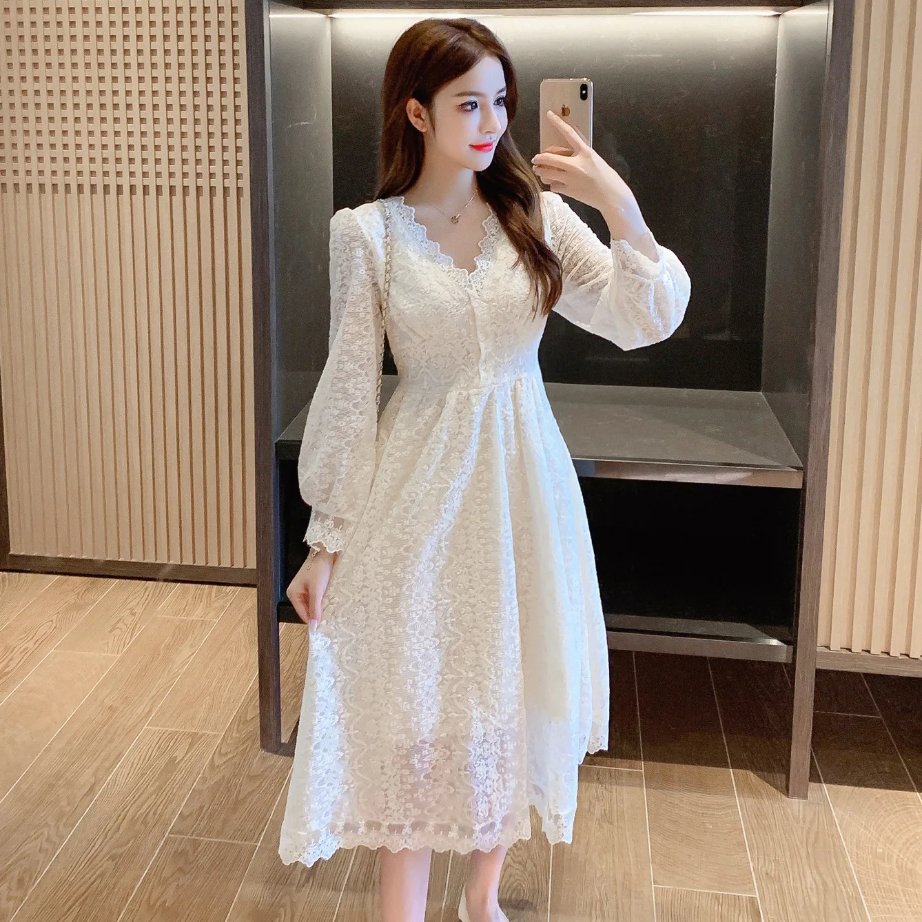 

Autumn Women's Super Fairy Temperament Commuter Solid Lace High Waist Dress