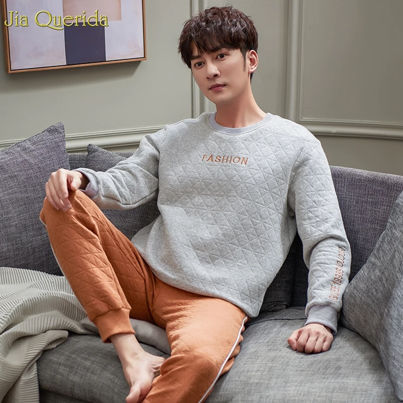 Модная мужская пижама из 100% хлопка трехслойная мягкая одежда с тиснением и