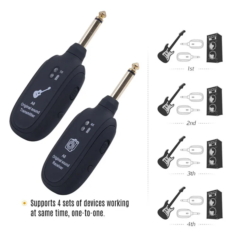 2 teilesatz a8 wireless guitar system 4 kanäle gitarre sender empfänger gebaut in wiederaufladbare für elektrische gitarre bass violin