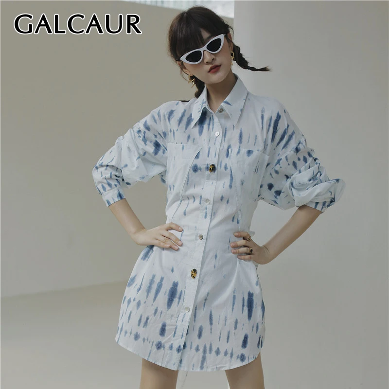 

GALCAUR Print Shirts For Women Lapel Long Sleeve Hit Color Tie Dye Lace Up Side Split Straight Blouses Female 2021 Spring Style