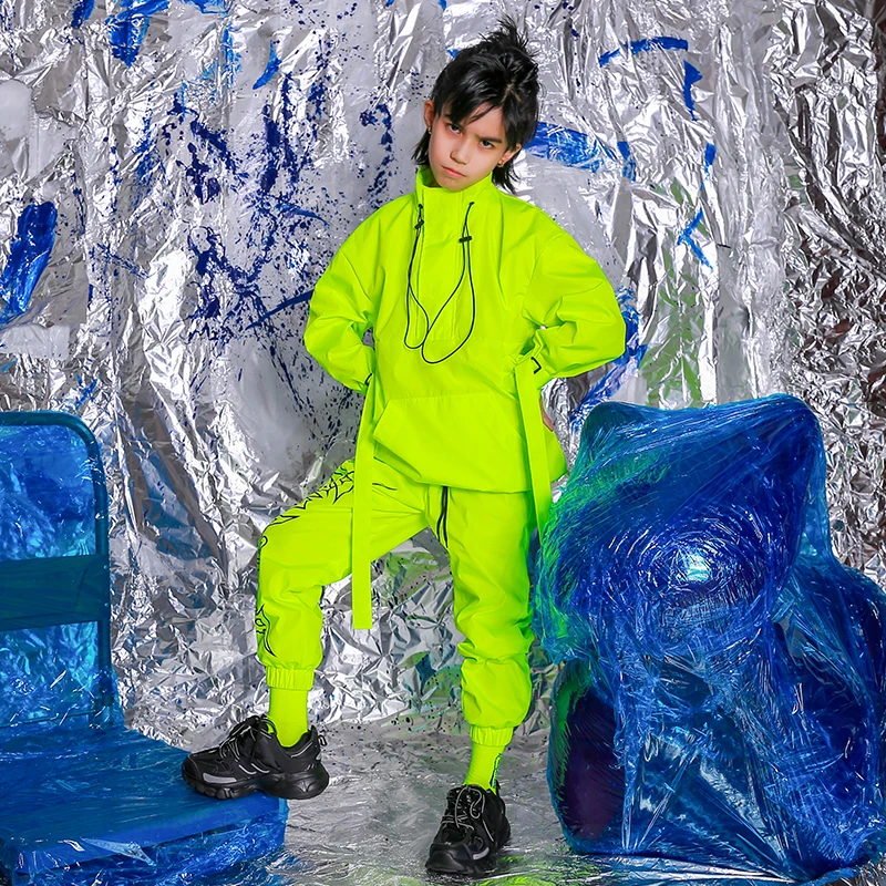 Флуоресцентные желтые танцевальные костюмы в стиле хип хоп для детей одежда