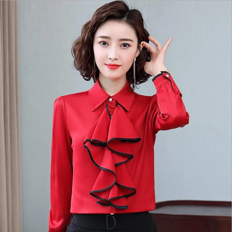 

Женская шифоновая рубашка с длинным рукавом и оборками