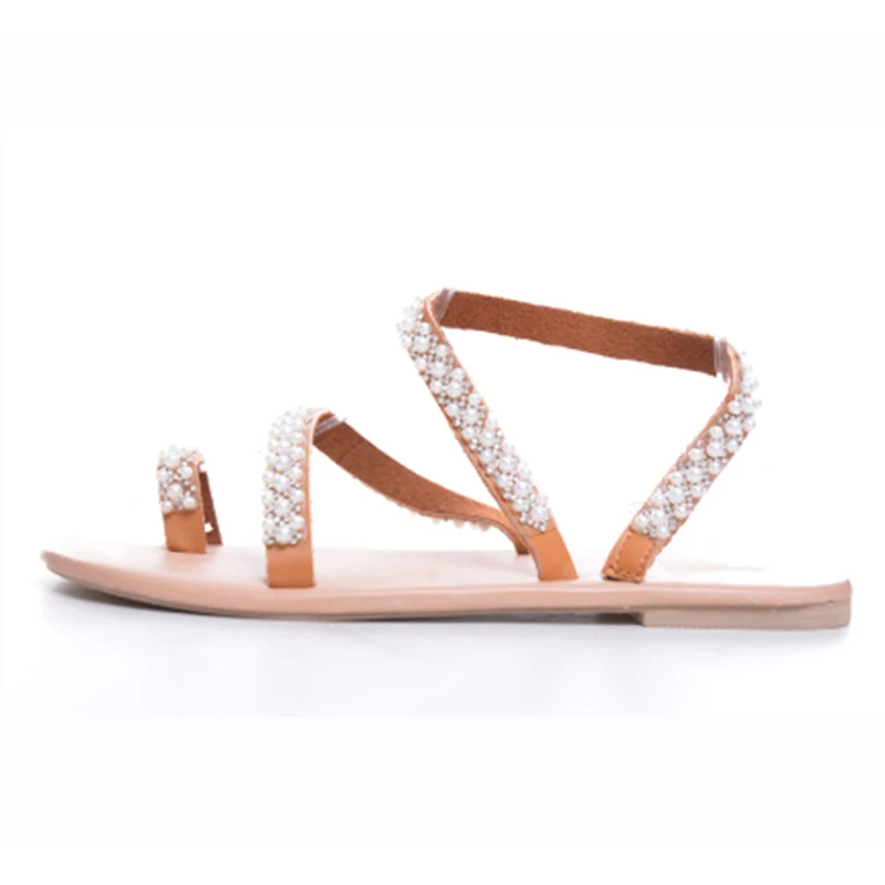 

Summer Flat Sandals Sweet Boho Pearl Decoration Sandals Leather Flats Plus Size Women Beach Sand Holiday Shoes