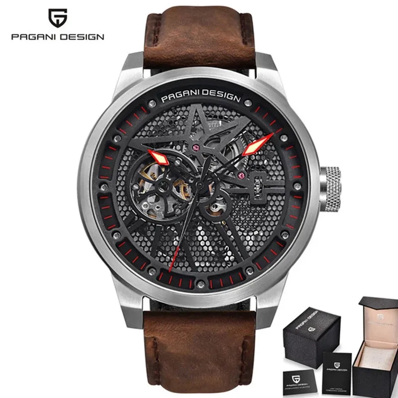 Часы-скелетоны Pagani Мужские механические водонепроницаемые с кожаным ремешком |