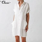 Льняное платье Celmia для женщин, лето 2021, платье-рубашка с коротким рукавом, модный винтажный Мини Сарафан, повседневное однотонное свободное платье на пуговицах, Vestidos 7