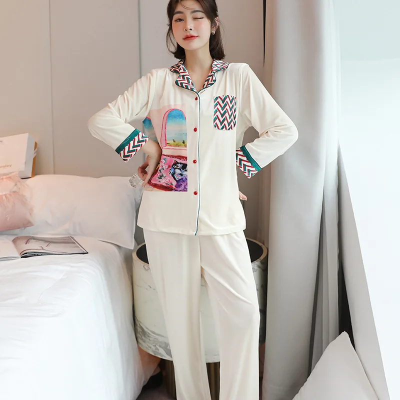 

Spring Printed Satin Silk Pajamas Women's Pyjamas Button Pigiama Donna Mujer Pijama Sleepwear Nightwear Pizama Damska 2Pcs