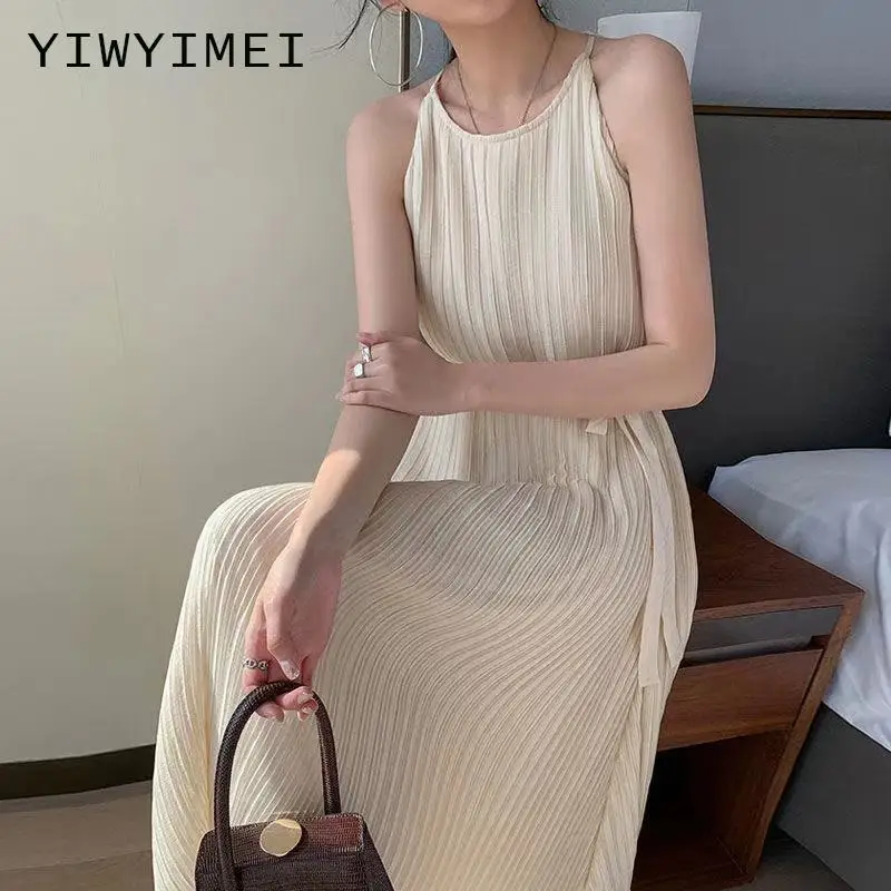 

New Fashion Summer Dress with Suspender Sexy and Gentle O-neck Retro Long Apricot Dress Women