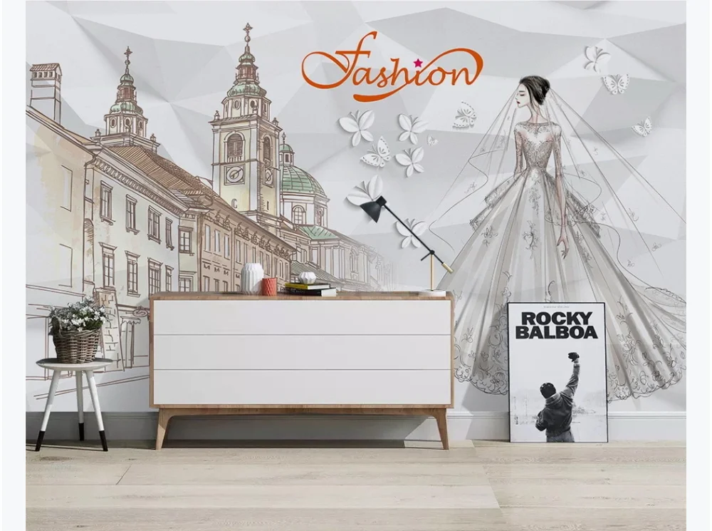 Пользовательские 3D обои роспись модное свадебное платье европейский город