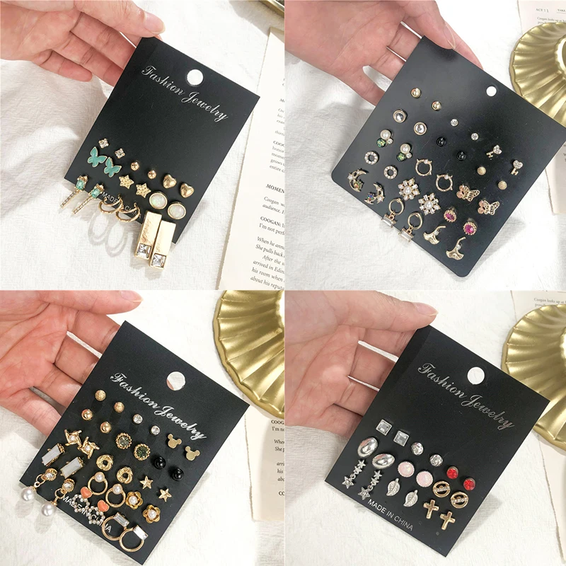 

Fashion Mixed Women's Earrings Sets For Women Bohemian Crystal Moon Star Butterfly Ket Heart Stud Earrings Sets New Wholesale