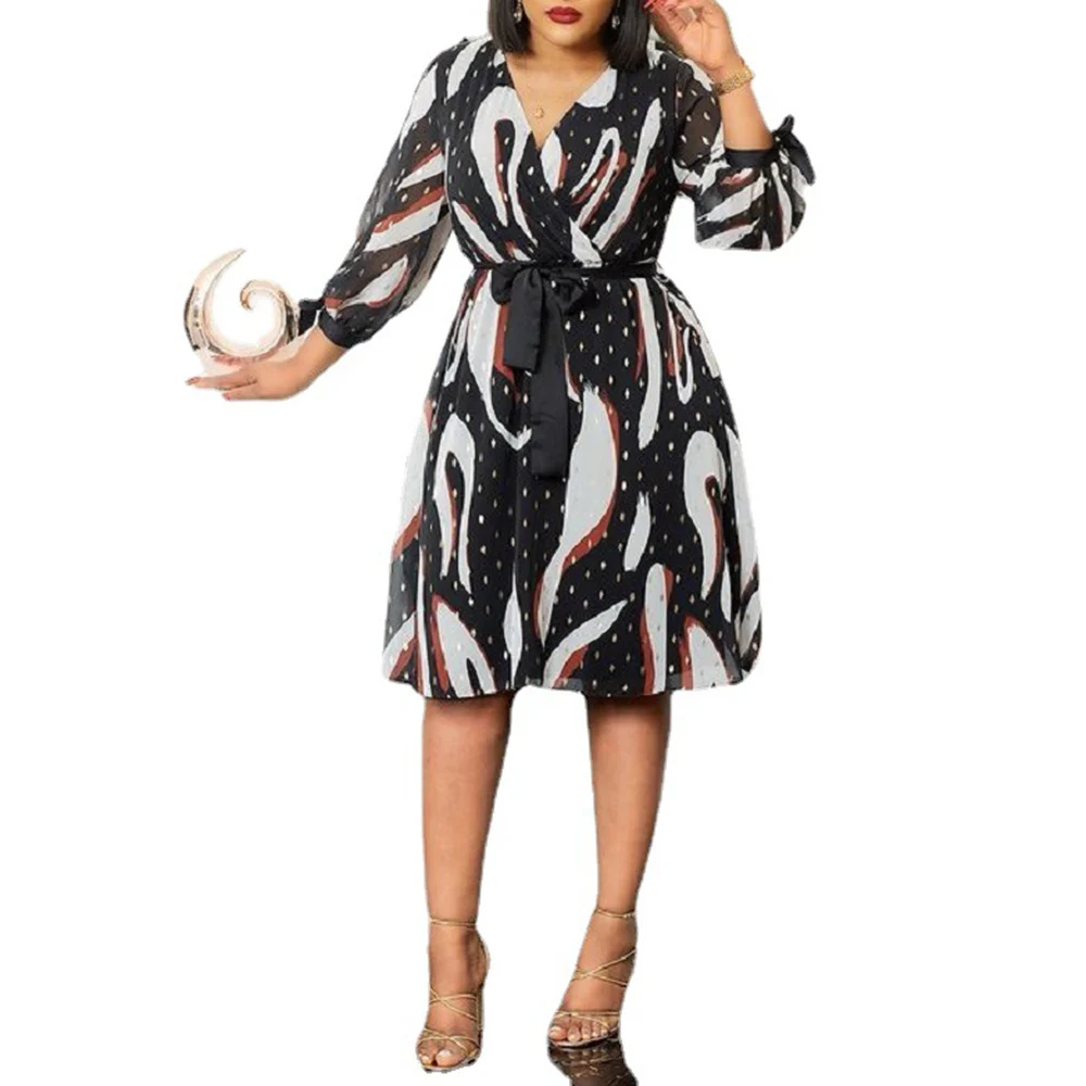 

Europe America African Printing Women's Dress V-neck Bandage Long Sleeve 2021 Summer New Fashion Casual Loose
