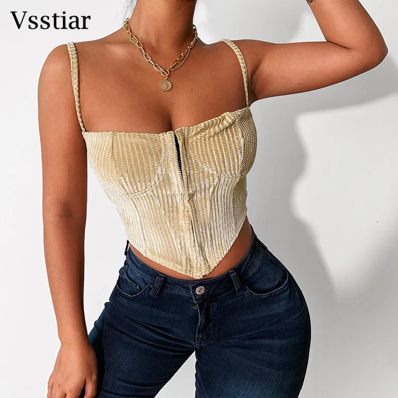 

Vsstiar Corduroy Camis Women Spaghetti Strap Bodycon Sexy Crop Top Party Streetwear Sleeveless Backless Womens Vest