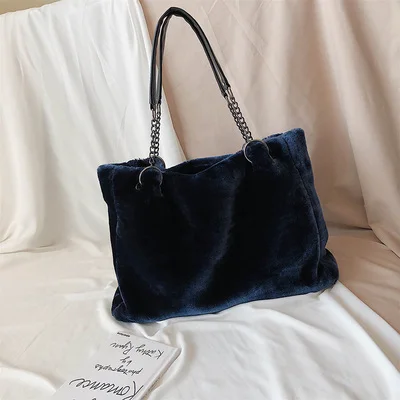 Original Brand Autumn And Winter Plush Shoulder Bag& Large Capacity Chain Tote Bag Width 49cm High 31cm Thickness 13cm - Цвет: Синий