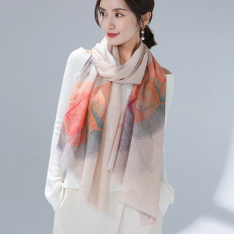 

★Shanghai story flagship store wool and cashmere scarf women's thin spring and autumn new fashion printed shawl collar