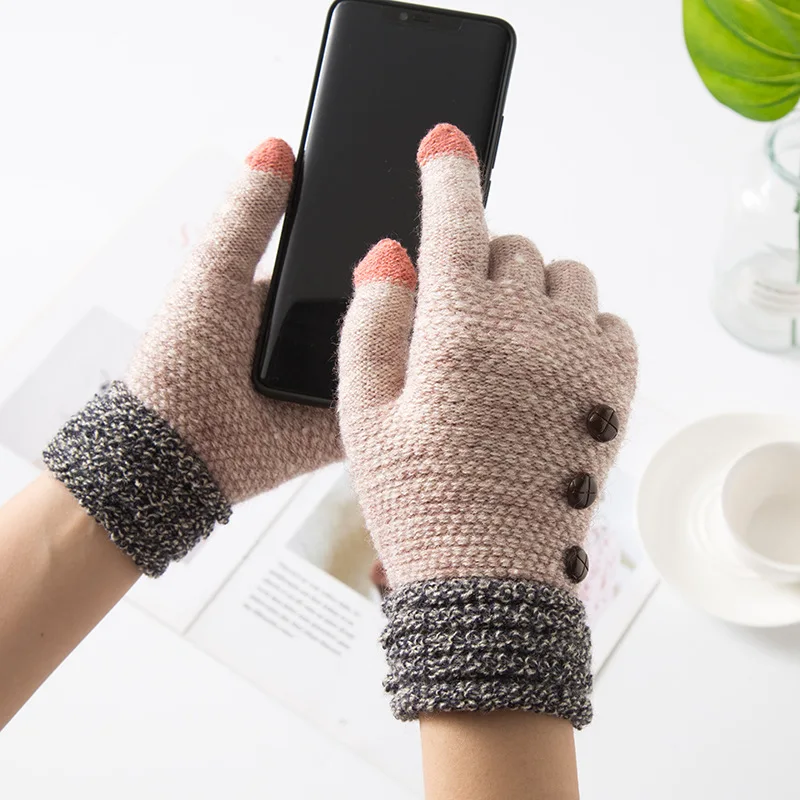 Модные зимние перчатки для сенсорного экрана женские теплые эластичные вязаные