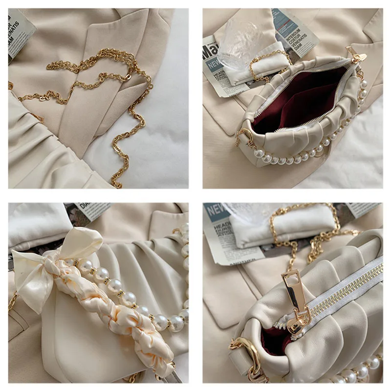 

Pearl Chain Shoulder Bag Summer Wild Woman Crossbody Bag High Quality Solid Color Handbags Purse Soft Feather Folds Phone Pack