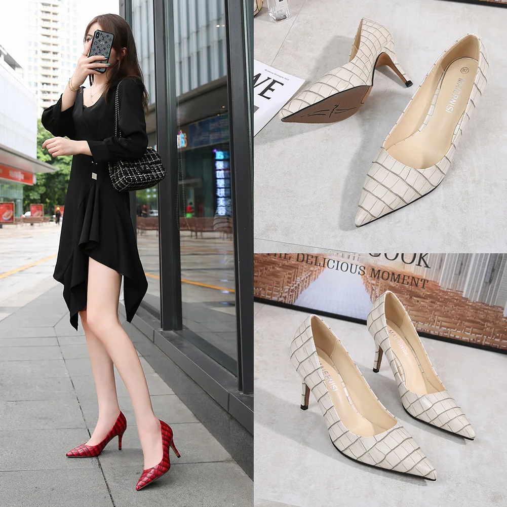 

Stone Pattern High Heels Sexy Pointed Toe PU Leather Women Shoes Kitten Heel Pumps Fashion 2021Woman Size 46 White Green Casual