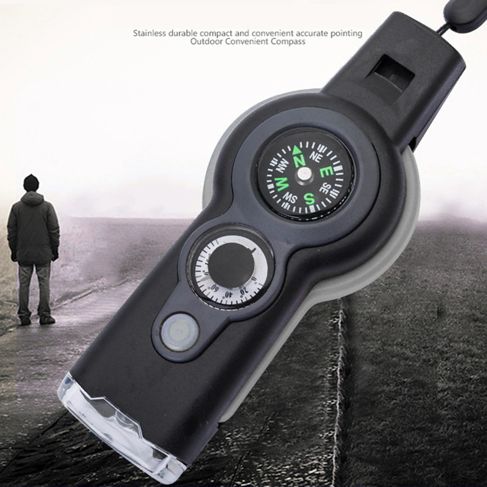 

7 in 1 LED Emergency Survival Camping Hiking Whistle Compass Thermometer Multifunction Magnifier Flashlight Outdoor Tools