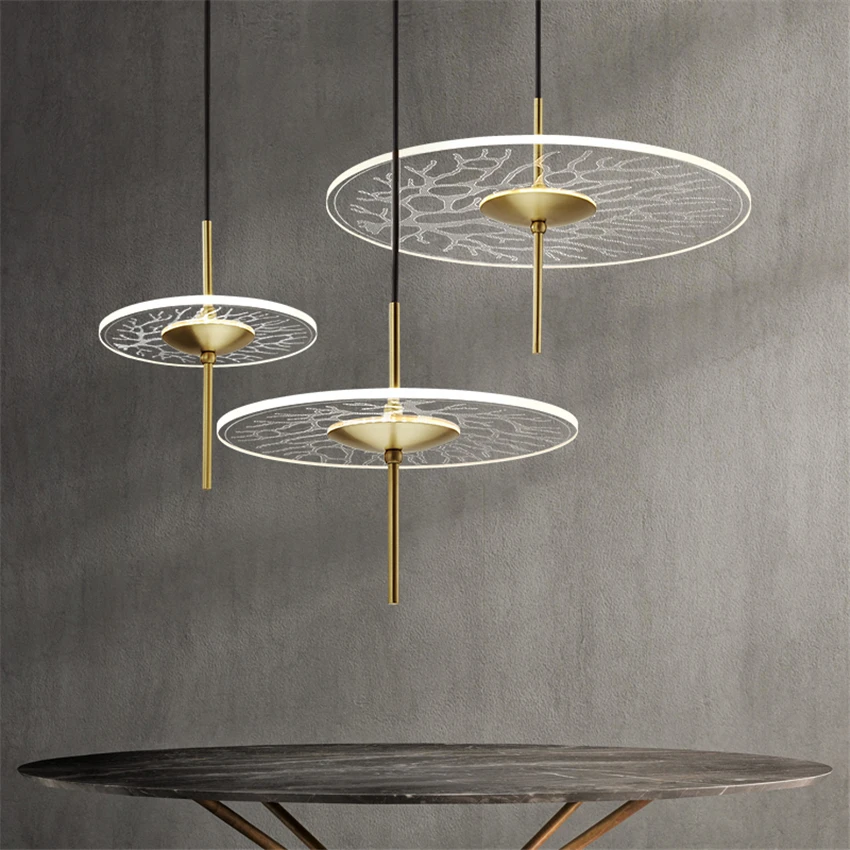 

Modern Copper Acrylic Round Pendant Lamps Living Room Dining Room LED Hanging Lighting Bedroom Study Kitchen Art Deco Fixture