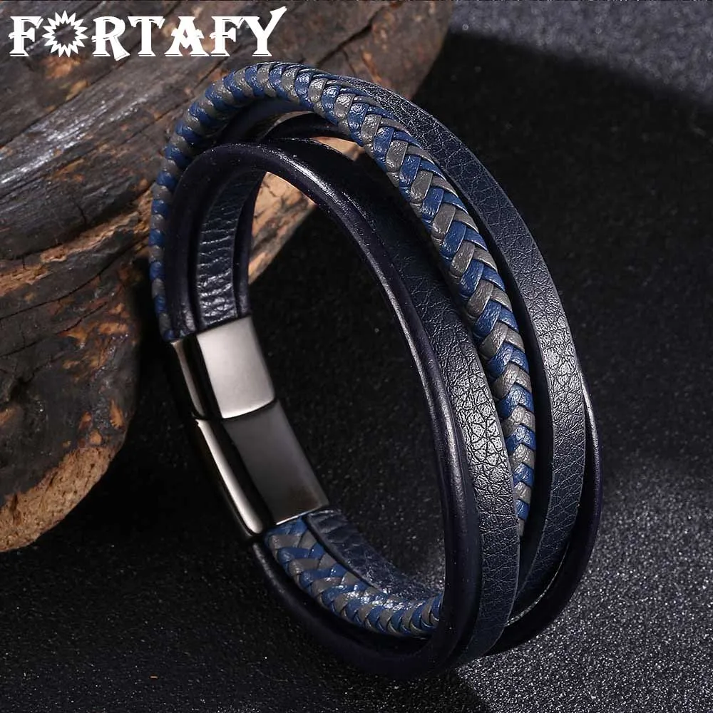 

FORTAFY Stainless Steel Blue Multilayer Leather Bracelet for Men Magnet Clasp Vintage Male Braided Bangles Party Jewelry FR1078
