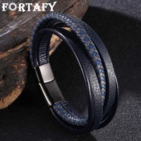 fortafy stainless steel blue multilayer leather bracelet for men magnet clasp vintage male braided bangles party jewelry fr1078