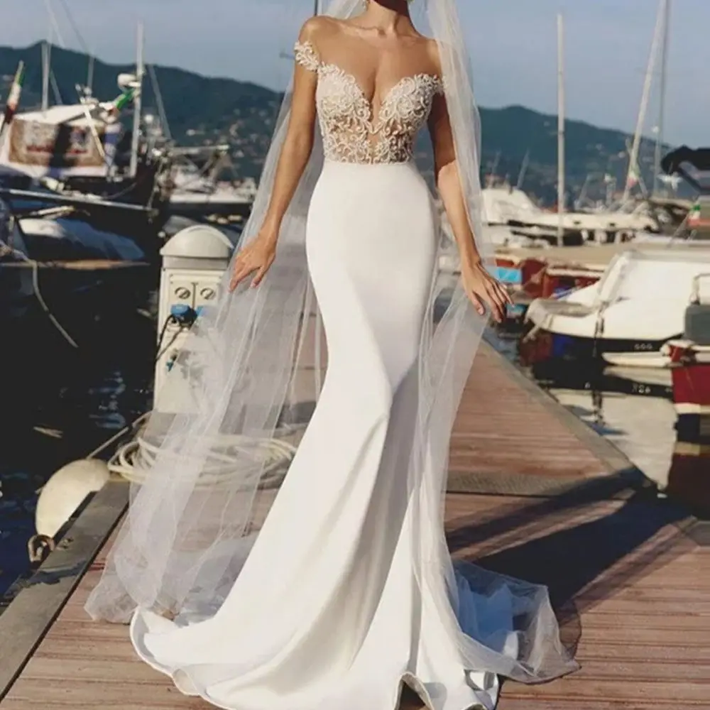

Sexy Deep V-Neck Mermaid Wedding Dress 2021 Off The Shoulder Lace Appliques Backless Bridal Gowns For Women Custom Made Illusion