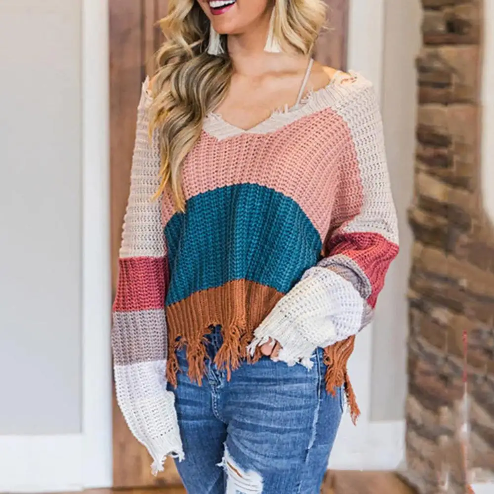 Женский трикотажный пуловер с V-образным вырезом на осень/зиму | Женская одежда