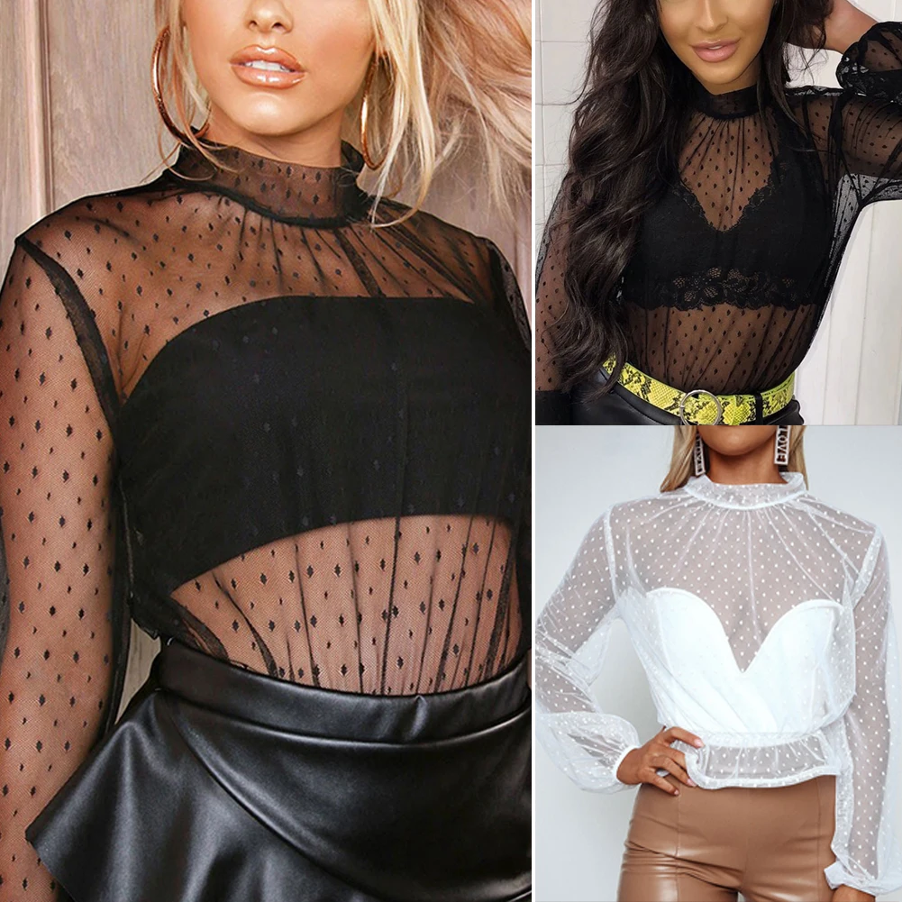 Сетчатые Bluse Sommer кроп Топы женские топы рубашки в горошек Клубные вечерние блузки, рубашки, топы Плюс Размер