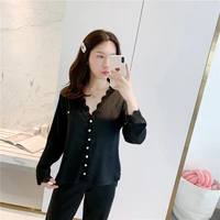 fashion pajamas women spring special soft satin imitation silk lace cute sexy long sleeved suit temperament home service