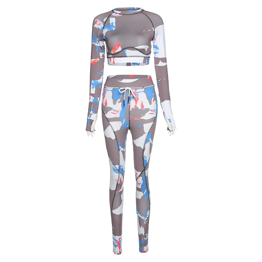 

Cutenew Spring Printing Sport Long Sleeved Casual Round Neck Women Suit Slim Fit Sportswear Two-Piece Female Stretch Slim Tights