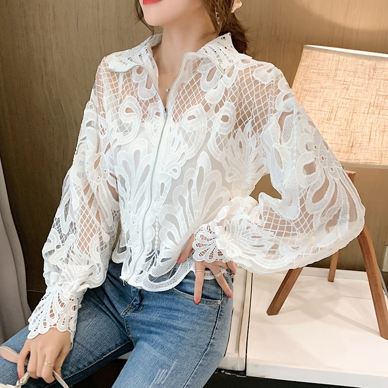 

Long Sleeve Stand Collar Hollow Out Flower Lace Patchwork Shirt Femme Blusas All-match Women Coat Chic Button White Top 84A