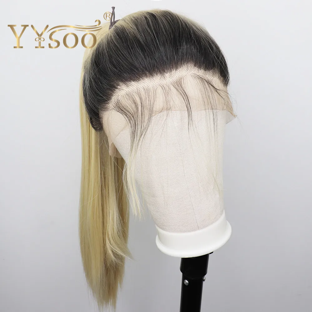 YYsoo T1b/613 длинные прямые полностью кружевные парики для женщин без клея полностью связанный вручную Ombre блонд синтетический парик с BabyHair конский хвост