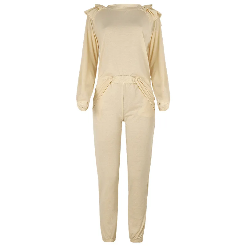 

Womens Solid Color 2 Piece Set Outfit Casual Ruffles Long Sleeve Tops And Pants Suits Tracksuit Streetwear Ladies Two Piece Sets