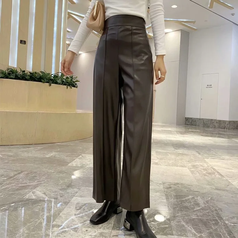 

2021 Women Faux Leather High Waist Pant Straight Pant Trousers All-Match Fall Vintage Leisure Elegant Office Lady Wide Leg Pants