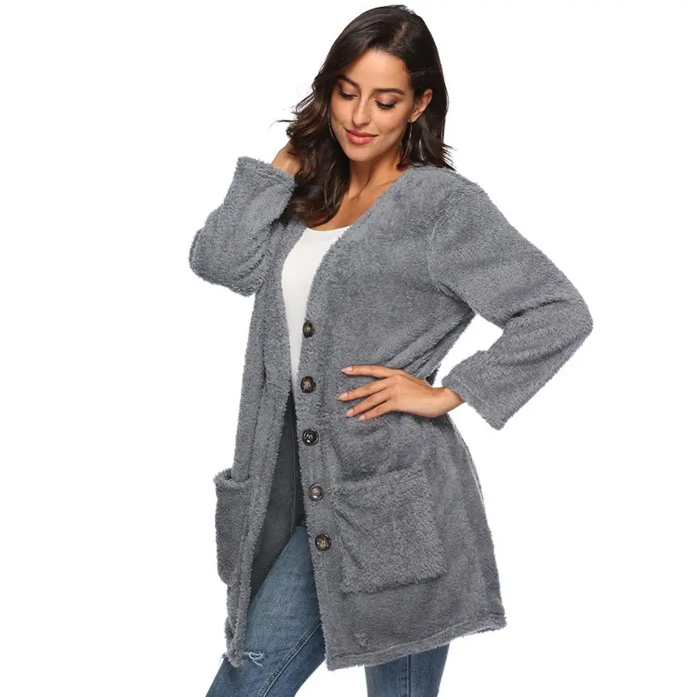 Женский теплый флисовый кардиган пушистая верхняя одежда с длинными рукавами и