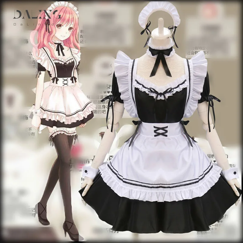 

7 Piece Set French Maid Outfit Lolita Cosplay Dresses Girls Amine Cute Waitress Cafe Woman Dress Sissy Maid Costumes Uniform