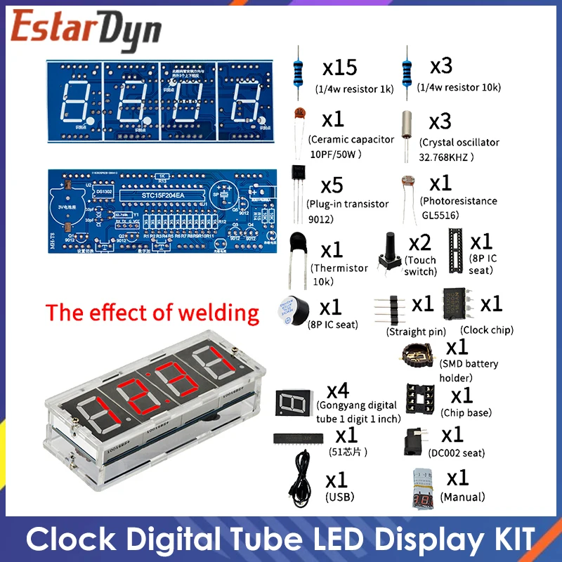 4 Bits DIY Digital Clock 1 INCH Electronic Kit Suite Microcontroller RED Tube LED Display Time Thermometer Alarm MCU STC15F204EA