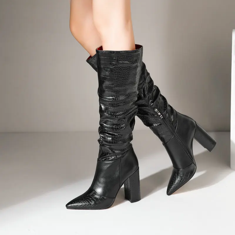 

Ladies Stone Pattern Spring Autumn Knee High Boots Fashion Pleated Zipper Long Boots Female Winter Square High Heel Women Shoes