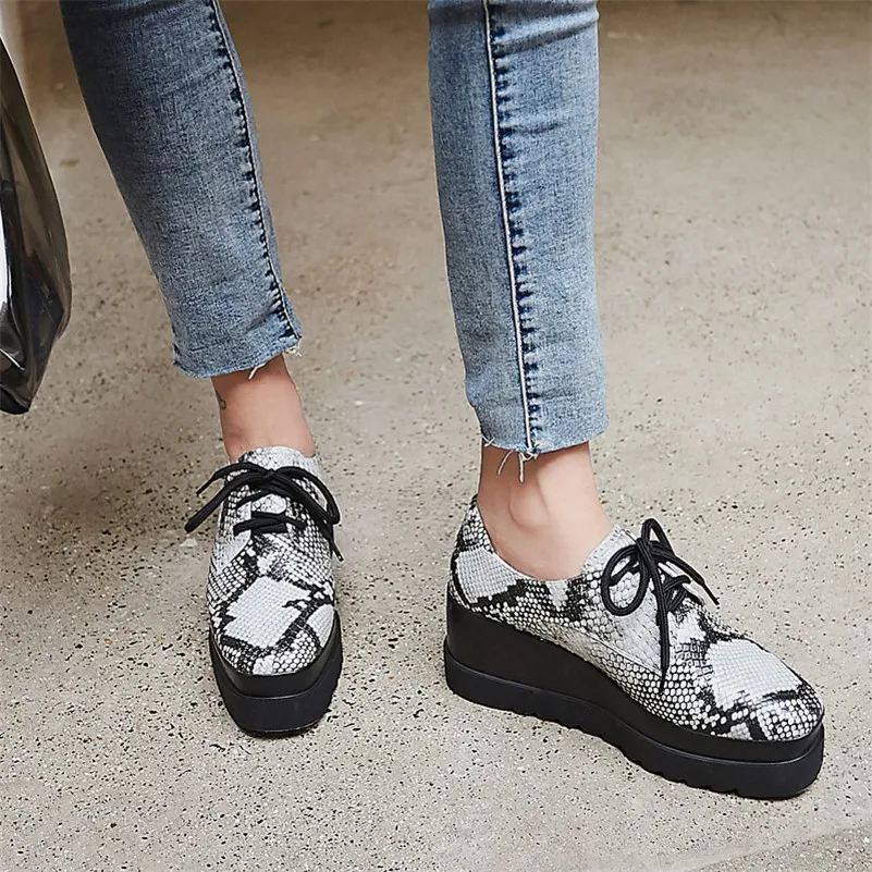 

ANNYMOLI High Heels Women Pumps Natural Genuine Leather Platform Wedge High Heel Shoes Snake Print Square Toe Shoes Ladies 34-39